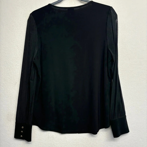 Anne Klein Blouse M Black Long Sheer Sleeves Gold Button Cuff - Picture 2 of 9